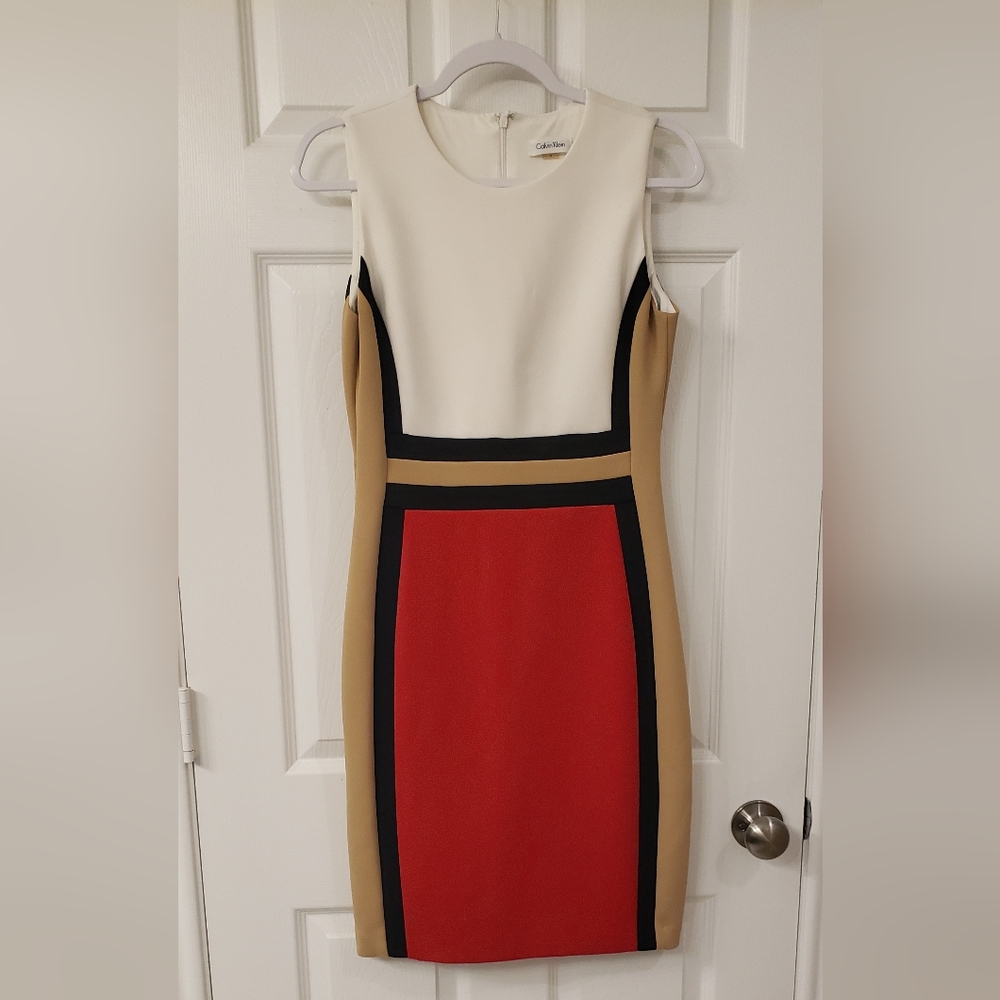 Calvin klein, women's color block shift dress, size 8, tan, red, white and blk